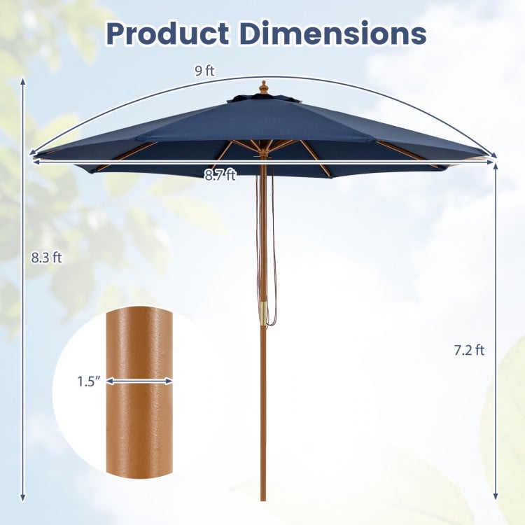 9 FT Patio Umbrella Outdoor Table Market Umbrella with 8 Sturdy Bamboo Ribs-Navy