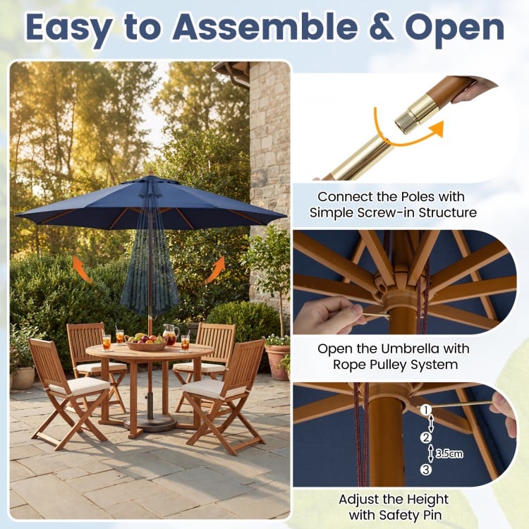 9 FT Patio Umbrella Outdoor Table Market Umbrella with 8 Sturdy Bamboo Ribs-Navy