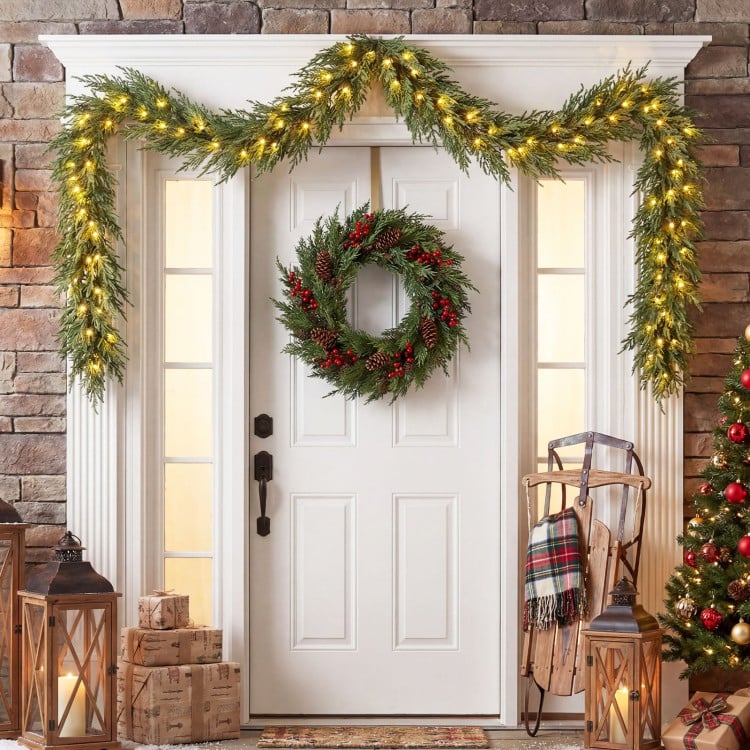 9 FT Pre-lit Artificial Cypress Christmas Garland with 50 Warm White LED Lights and 130 Branch Tips