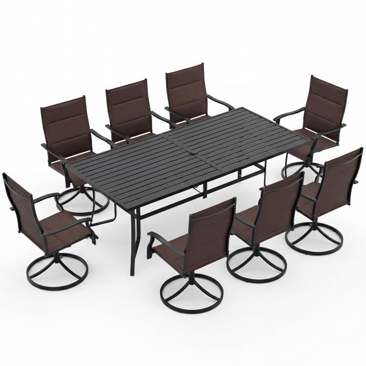 9-Piece Outdoor Dining Set for 8 with Umbrella Hole and 8 Chairs-Brown