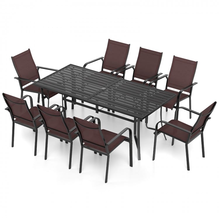 9 Pieces Patio Dining Set for 8 Outdoor Rectangular Table and Stackable Chairs-Brown
