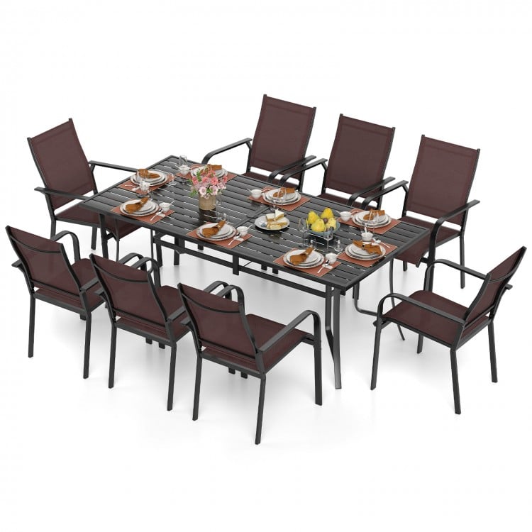 9 Pieces Patio Dining Set for 8 Outdoor Rectangular Table and Stackable Chairs-Brown