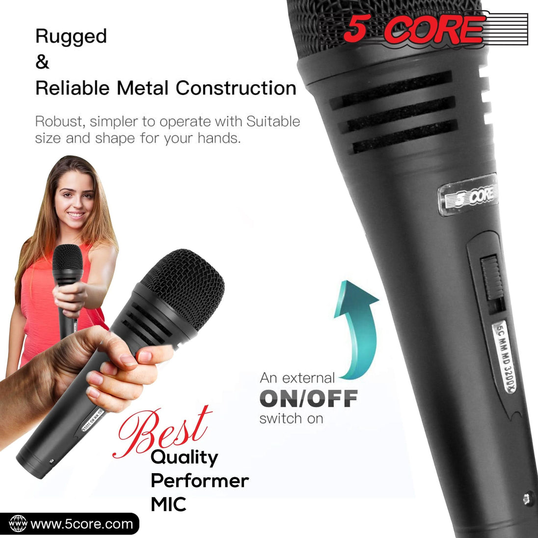 5 Core Dynamic XLR Microphone - Handheld Mic for Karaoke, Singing, and Studio Use