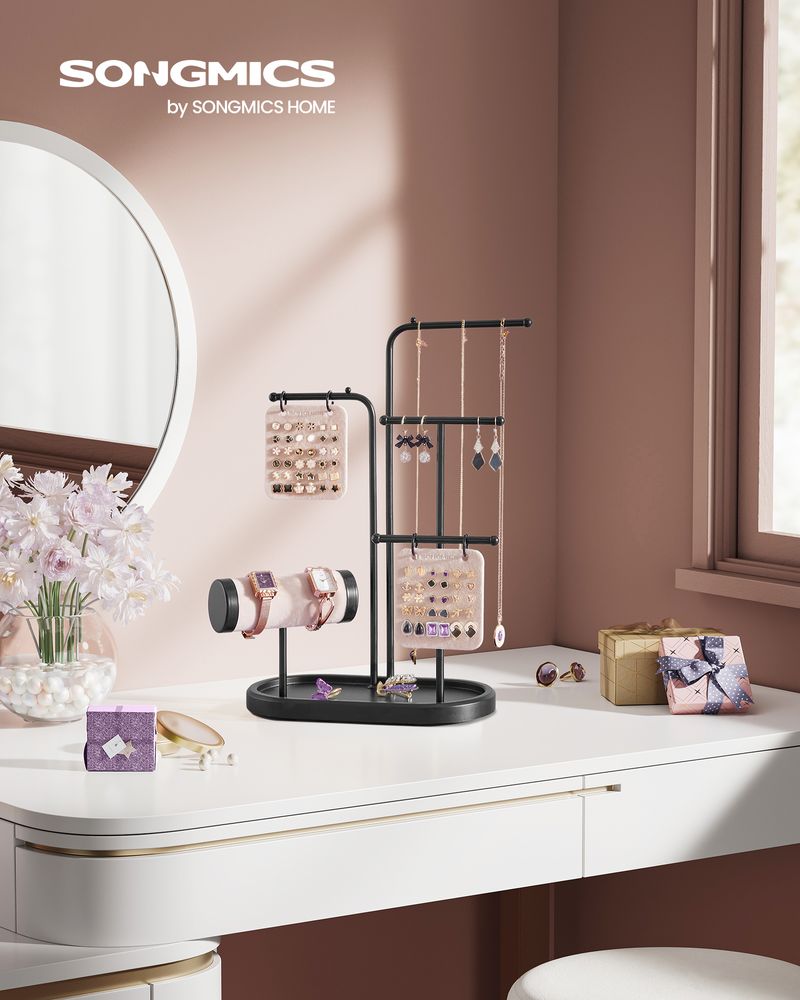 SONGMICS Jewelry Stand with Metal Frame, 2 Earring Boards, 4 Hanging Rods 
