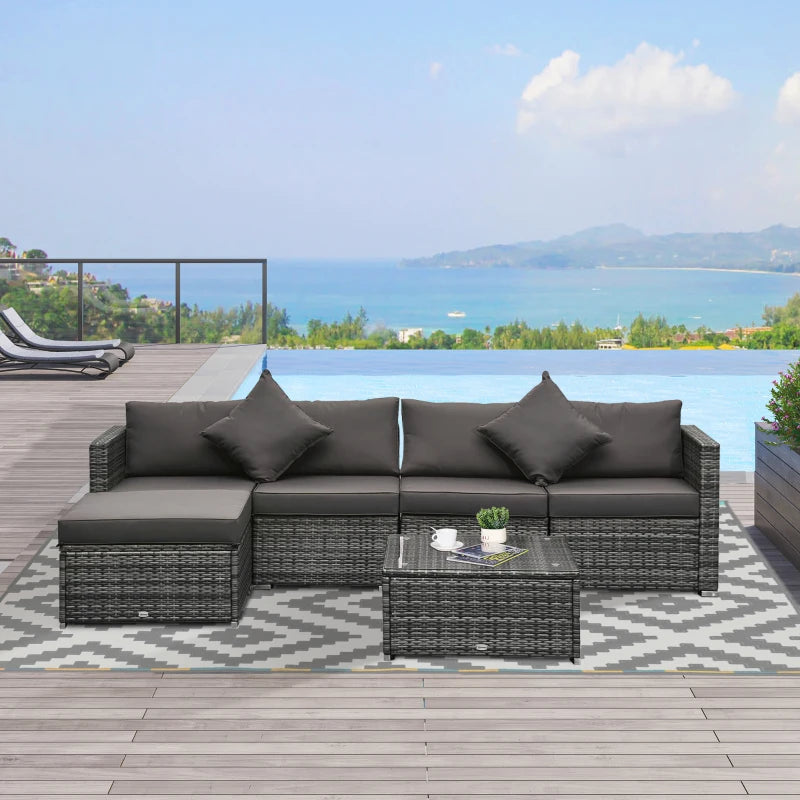 Outsunny 6 Pieces Outdoor PE Rattan Wicker Patio Furniture Sofa Set with Thick Cushions, Deluxe Garden Sectional Couch with Glass Top Table, Mixed Grey and Charcoal 