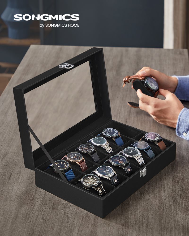 SONGMICS 6 & 12-Slot Watch Box with Large Glass Lid 