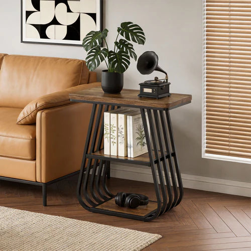 End Table 23.62" 3-Tier Narrow Side Table with Storage Shelves Industrial Metal Frame Oak Finish for Small Spaces Living Room Bedroom