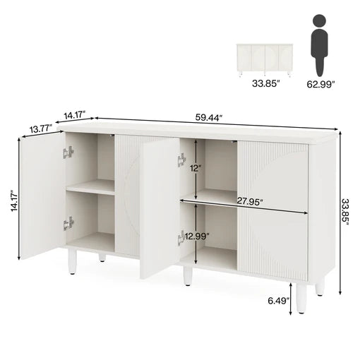 Sideboard Buffet 59.4" White Credenza Storage Cabinet with Doors 4-Tier Shelves Modern Contemporary Design for Dining Room Storage