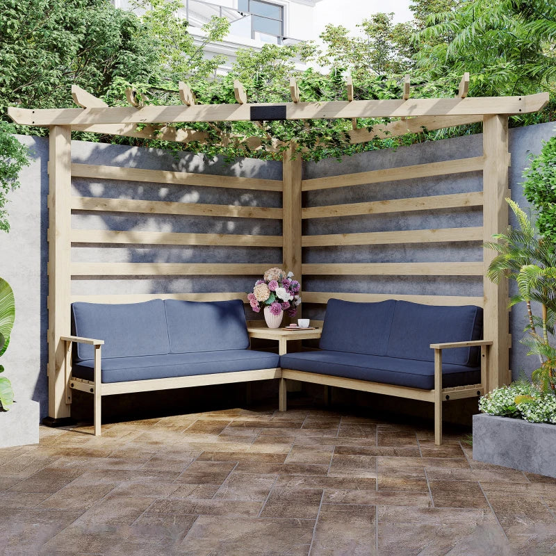 Outsunny 9' x 9' Corner Pergola with Conversation Set and Cushions, Fir Wood Outdoor Pergola with End Table, Natural and Blue