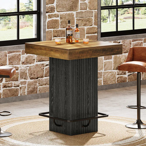 31.5" Square Bar Table Industrial Counter Height Dining Table with Metal Footrest Heavy Duty Pedestal Base Rustic Brown