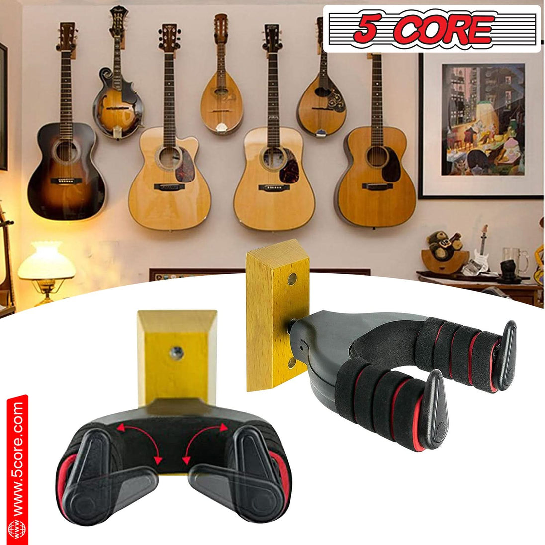 5Core Guitar Wall Mount Hanger – Adjustable Display Hook with Hardwood Base for Secure Instrument Storage