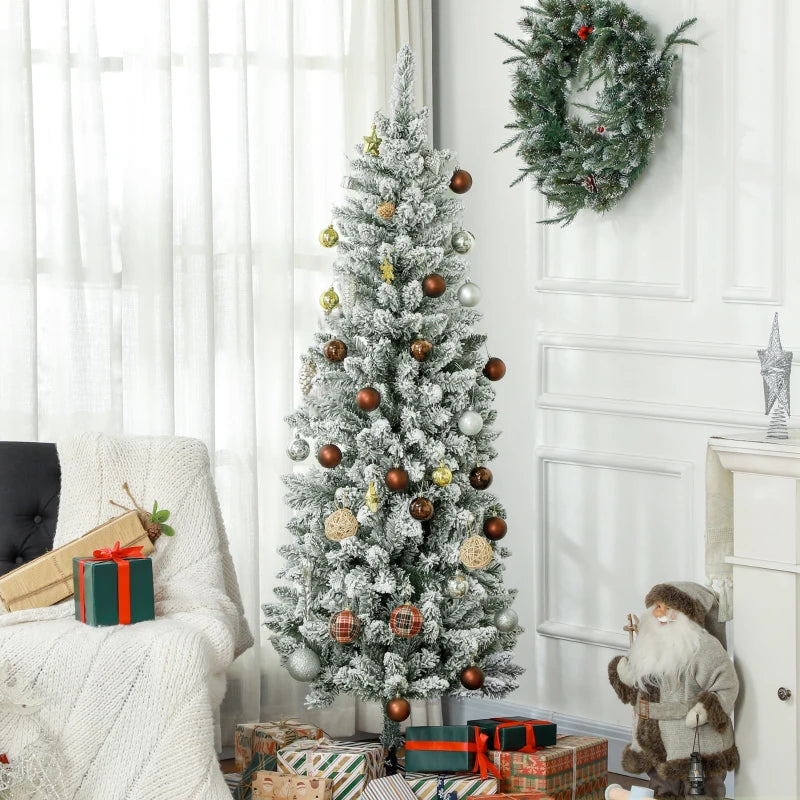 HOMCOM 6ft Pencil Flocked Christmas Tree – 479 Branch Tips with Metal Base, Indoor Holiday Decoration 