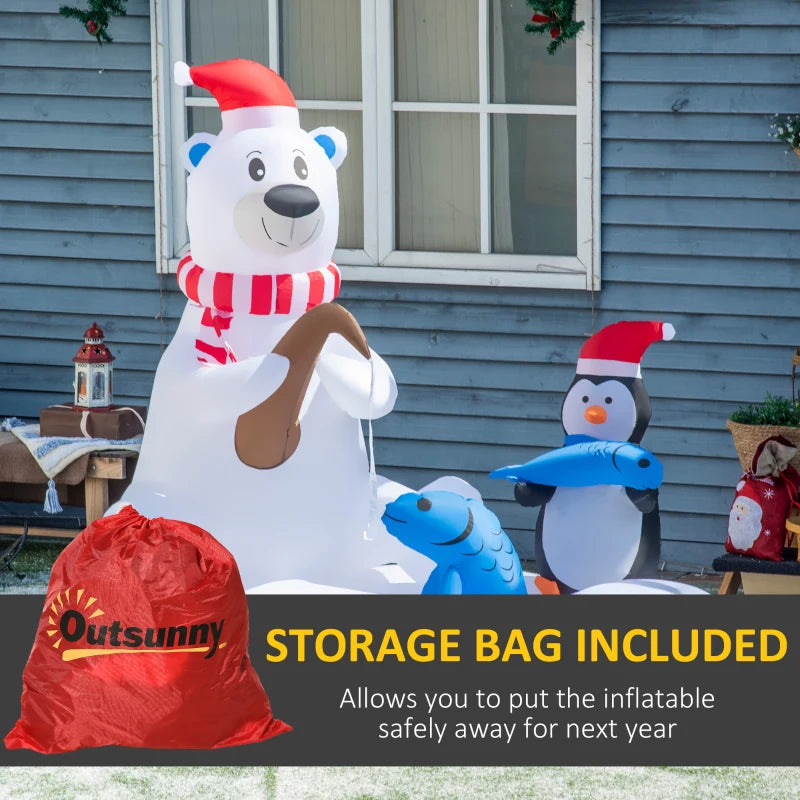 Outsunny 6ft Inflatable Christmas Polar Bear & Penguin with Santa Hat – Outdoor LED Yard Display, Blow-Up Holiday Decoration 