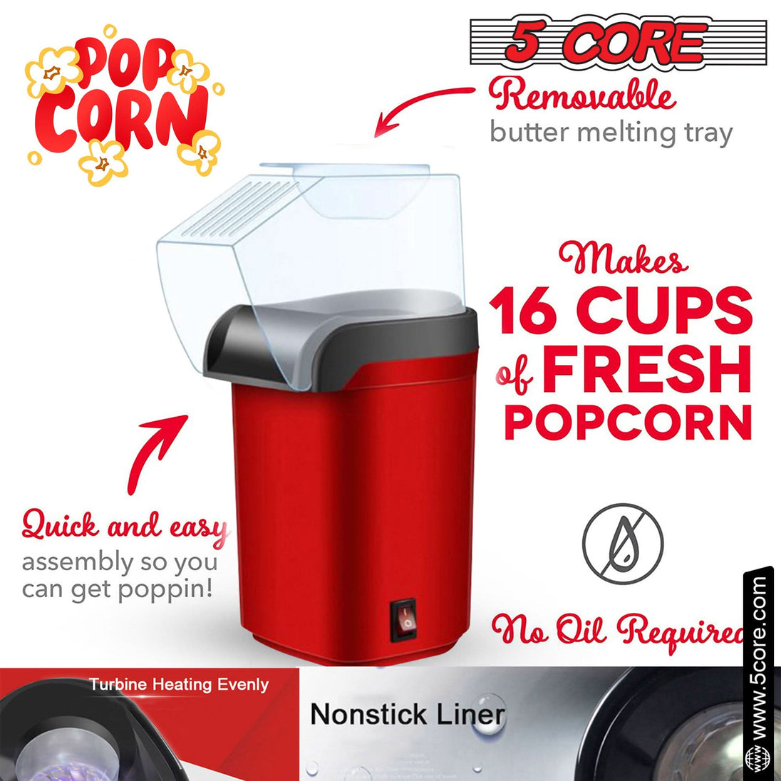 5Core Popcorn Machine 16 Cup Hot Air Popper Mini Portable Electric Pop Corn Maker RED