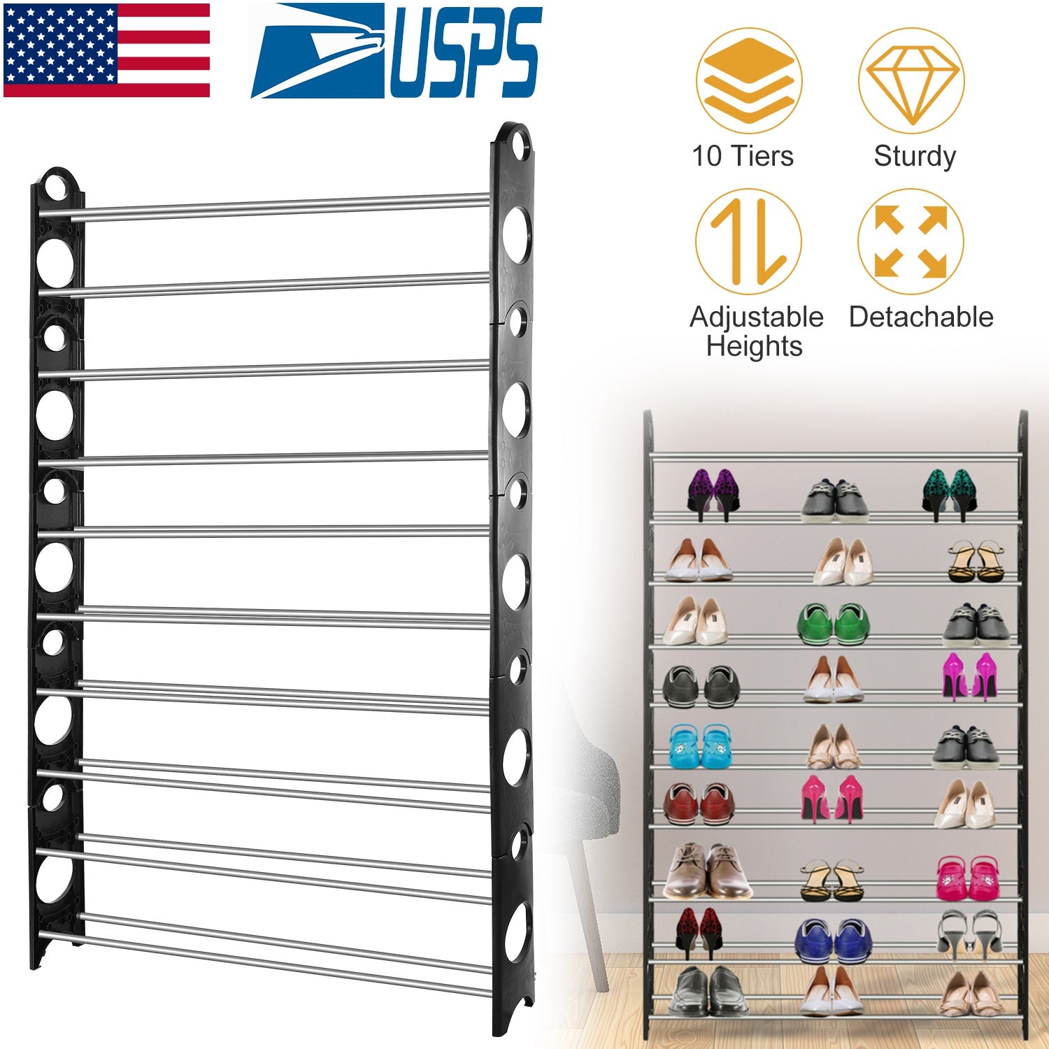 50-Pair Shoe Rack Storage Organizer 10-Tier Portable Wardrobe Tower Stackable Adjustable Shelf for Closet Cabinet Entryway 