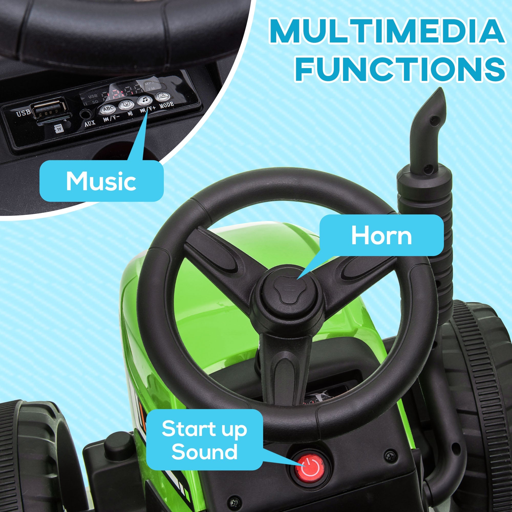 Aosom 12V Electric Tractor for Kids - Ride-On with Trailer, Battery Powered, Remote Control, Music, Start-Up Sound & Horn, Green 
