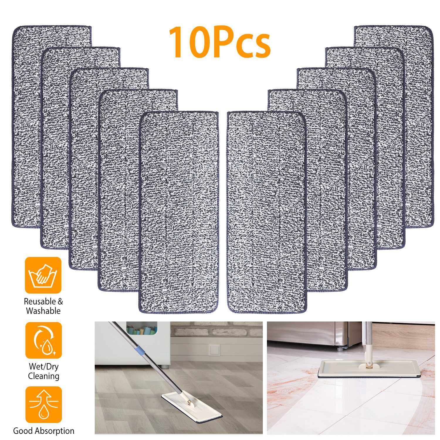 10Pcs Microfiber Mop Pads Reusable Washable Cloth Mop Flat Replacements Head 12.2x4.9in for Wet/Dry Floor Cleaning