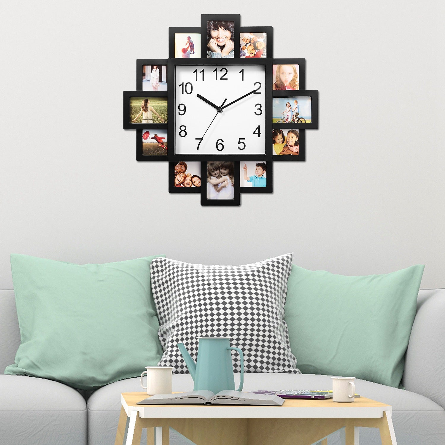 Photo Frame Clock Picture Collage 12-Picture Display Wall Clock Photowall Wall Hanging Home Decor