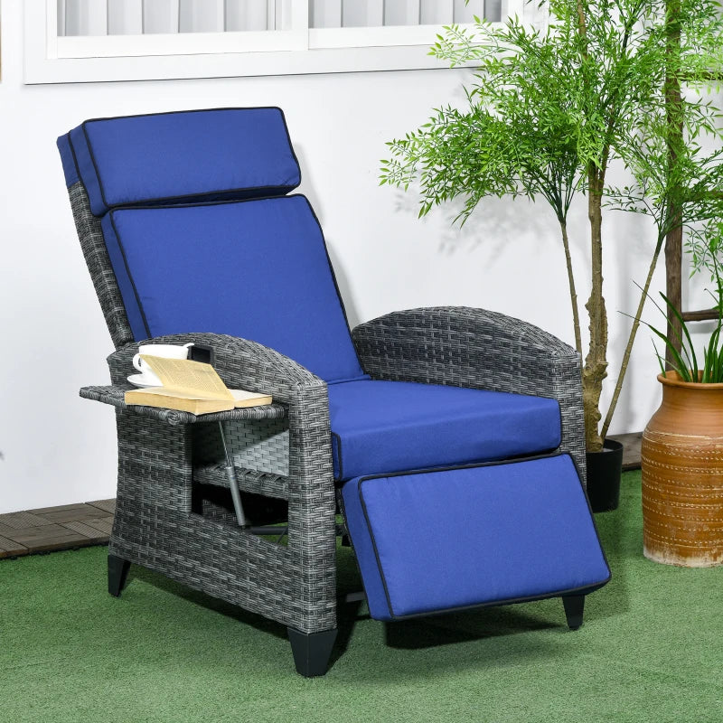 Outdoor Recliner Chair with Adjustable Backrest and Footrest, Washable Cushion, Side Tray, Dark Blue