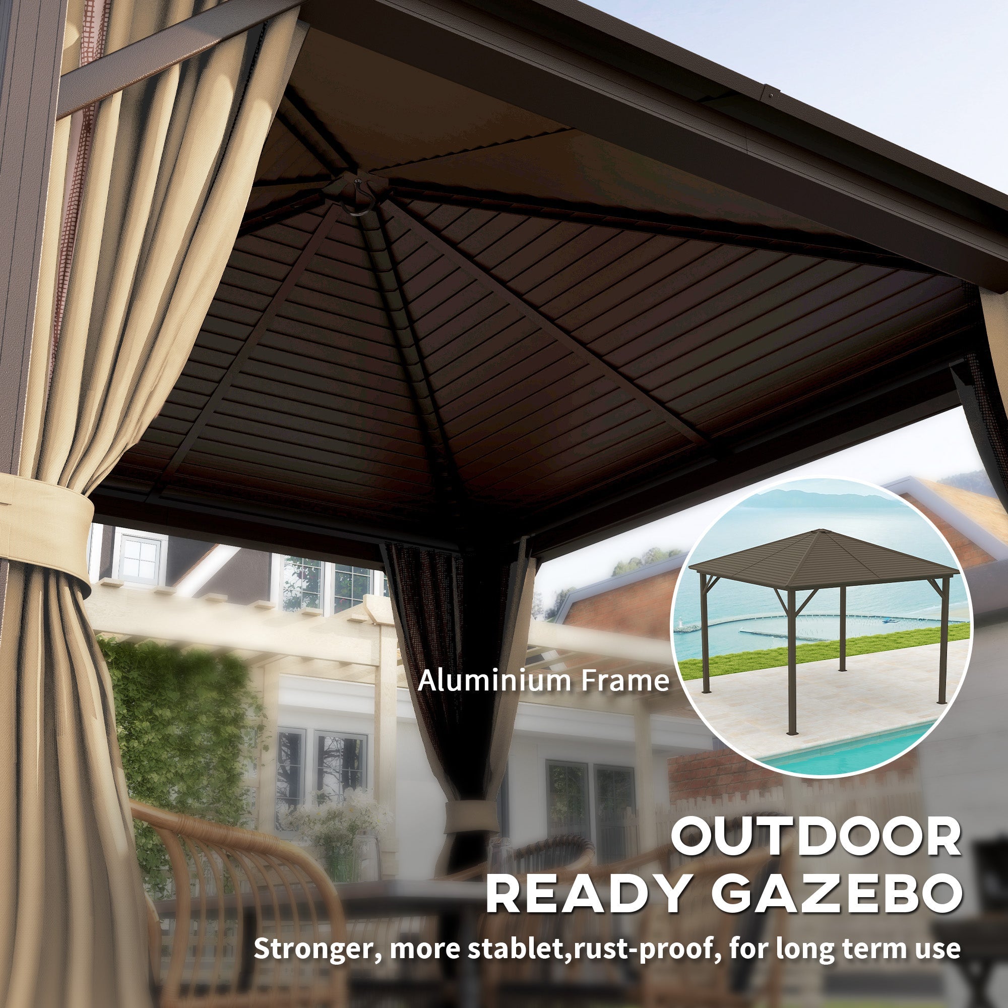 Outsunny 10' x 10' Hardtop Gazebo Outdoor Aluminum Gazebo Canopy with Mosquito Netting, Curtains, Hanging Hook, Brown 