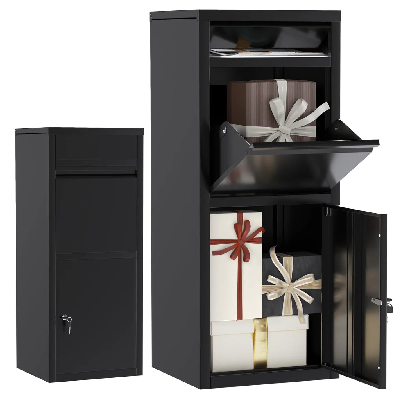 Lockable Package Delivery Box for Outside | Anti-Theft Parcel Drop Box, Weatherproof Galvanized Steel, Black