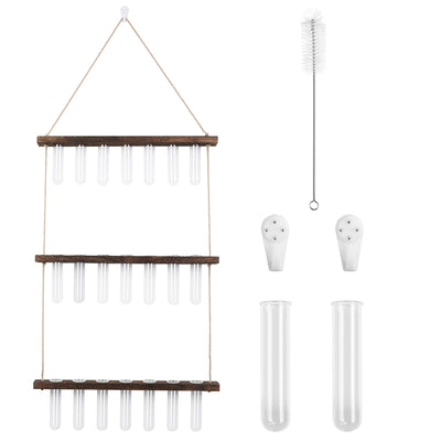 3-Tier Wall Hanging Planter Glass Hydroponic Vase Plant Flower Propagation Tube Planter Terrarium with Wooden Stand 
