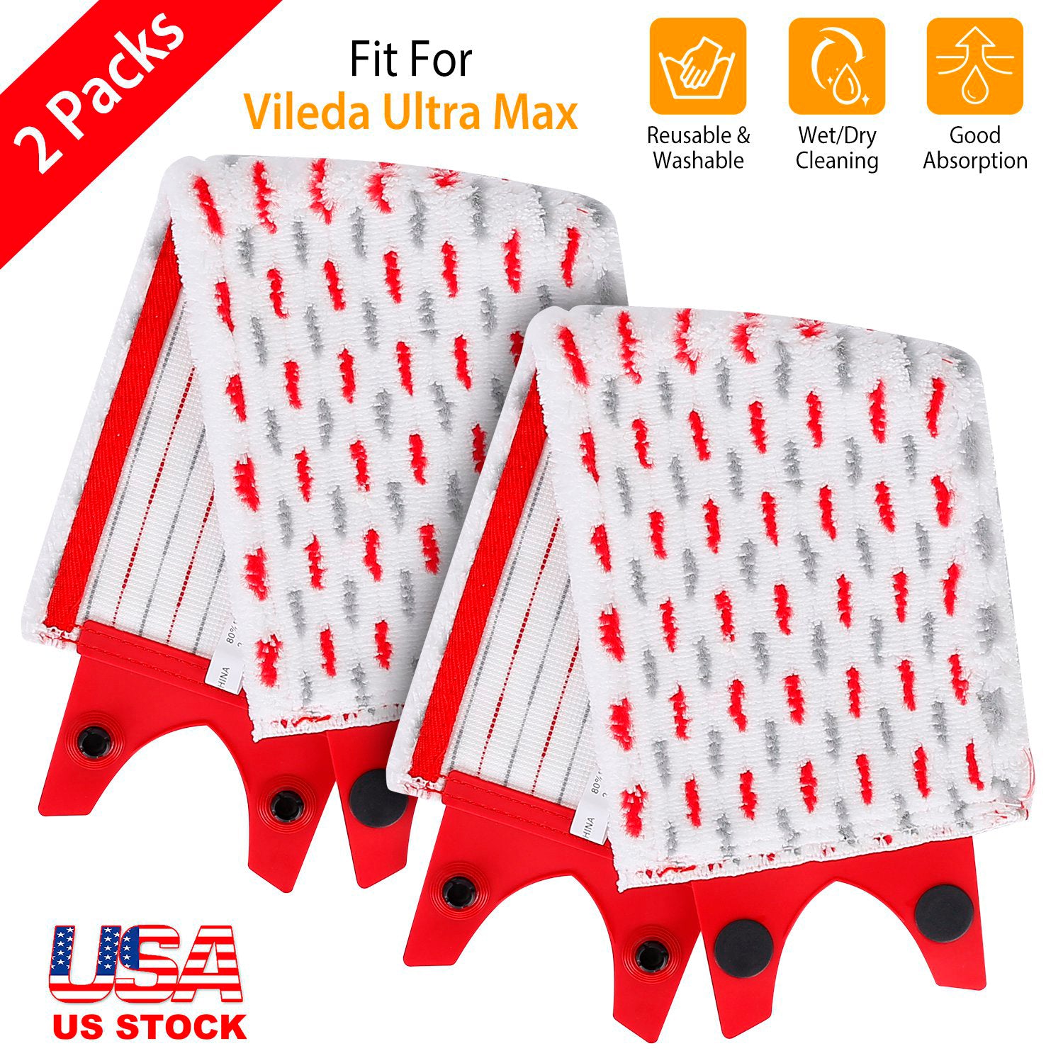 2Pcs Fiber Floor Mop Pads Fit for Vileda Ultra Max Mop Washable Mop Replacement Heads for Wet Dry Floor Cleaning