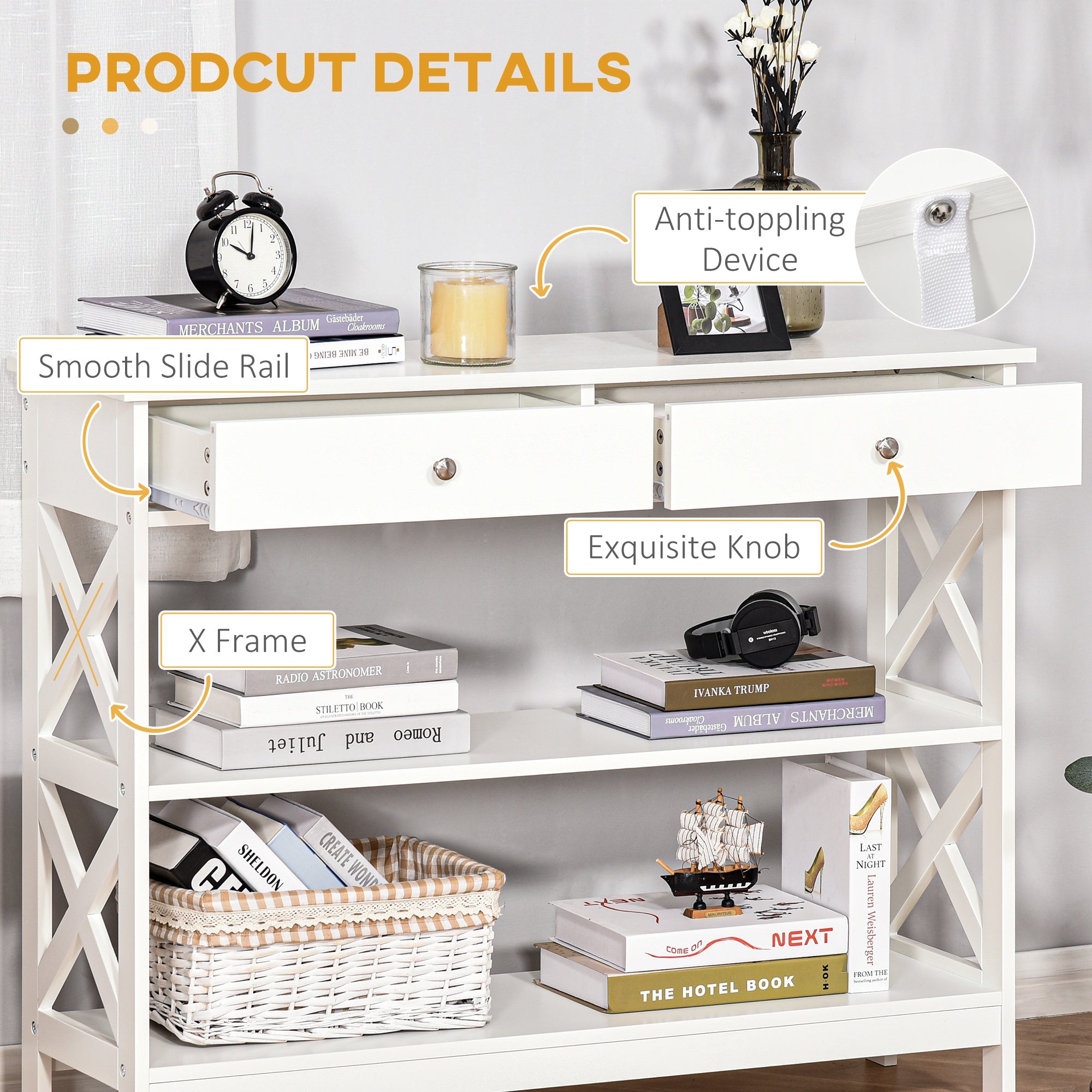 HOMCOM X-Frame Console Table: Sofa Side Table with Storage Shelves & Drawers, Living Room/Entryway, White 
