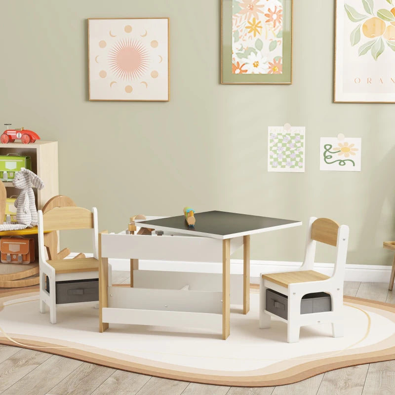 Qaba 3 Piece Kids Table and Chair Set with Reversible Tabletop, Blackboard, Storage, Bookshelf, for Playroom, Nursery Natural