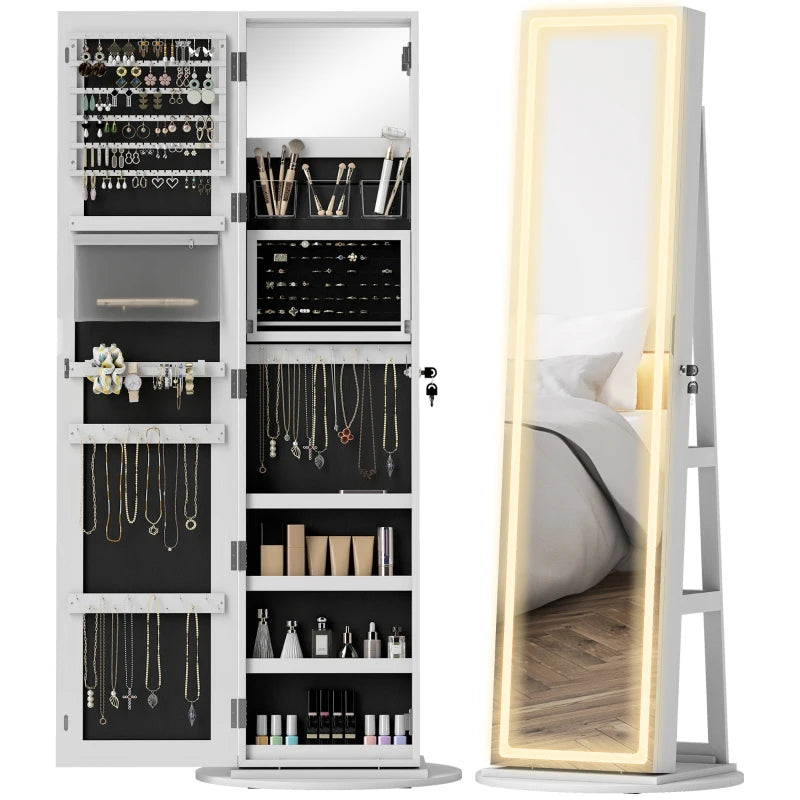 Jewelry Cabinet with Full Length Lockable Mirror, Standing Jewelry Armoire Organizer with LEDs, White