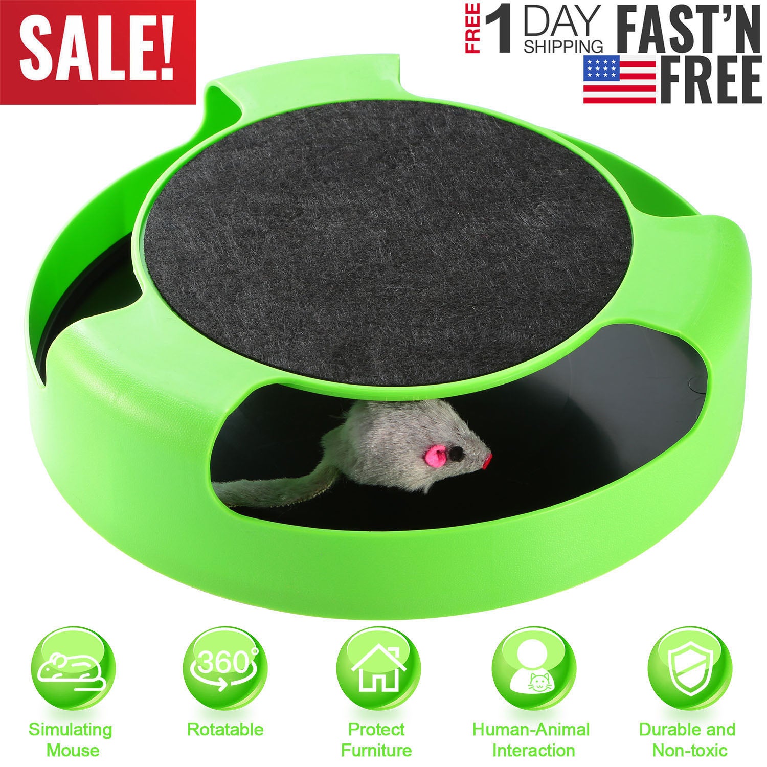 Cat Interactive Scratching Toy w/ Rotating Running Mouse Catching Plate Non-toxic Claw Kitten Toys