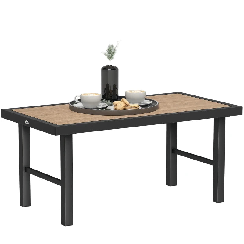 Outdoor Side Table with SPC Woodgrain Tabletop, Metal Patio Coffee Table for Outside Garden, Brown