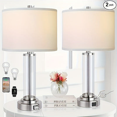 Set of 2 Modern Touch Control Table Lamps – 3-Way Dimmable with USB-C & USB-A Ports, Cream Fabric Shade – Perfect for Bedrooms, Living Rooms & Reading (Bulbs Included) 