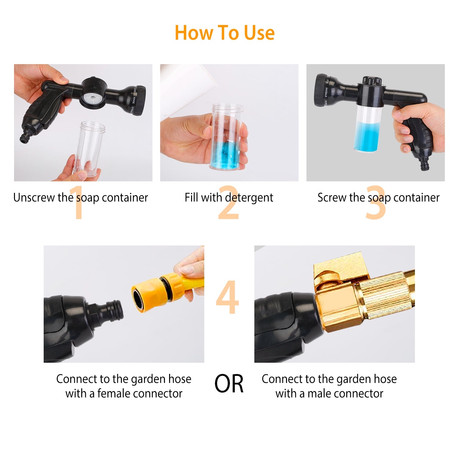 8 In 1 Foam Garden Hose Nozzle Soap Sprayer High Pressure Foam Cannon with Car Wash Mitt 3.5oz Soap Dispenser Bottle for Pet Shower Plant Watering