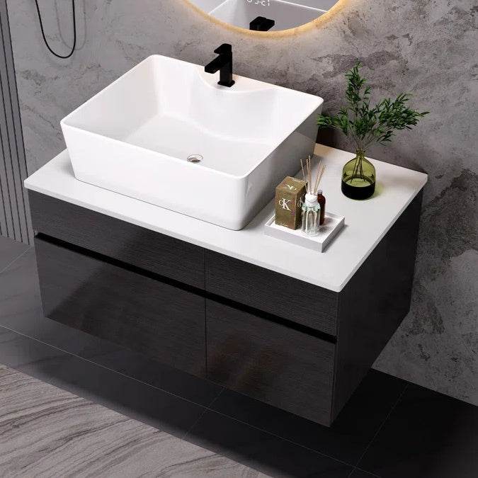 31.5 Inches Wall Mounted Single Bathroom Vanity With Engineered Stone Top 
