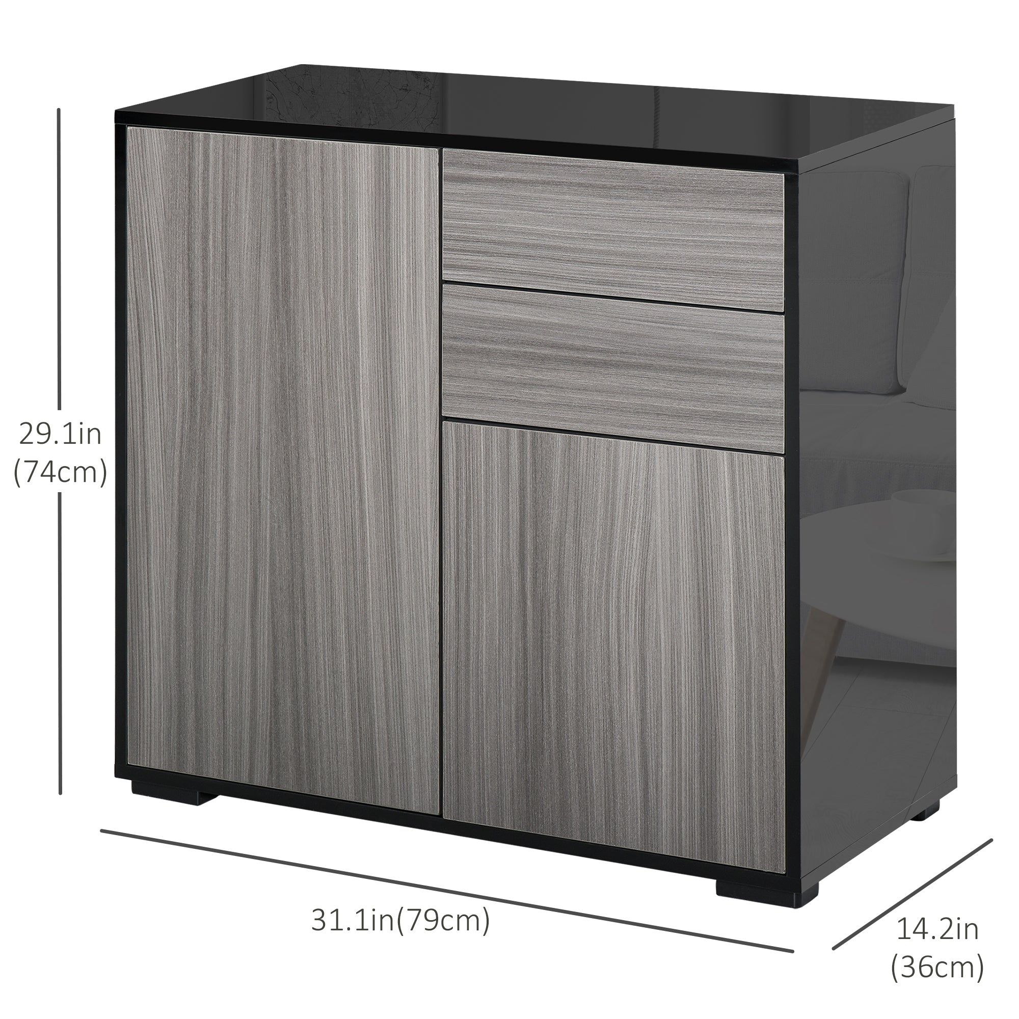 HOMCOM Stylish Buffet Sideboard High Gloss Grey Black Kitchen Storage Cabinet Cupboard with Push Open Design 2 Drawer 2 Doors Shelf 