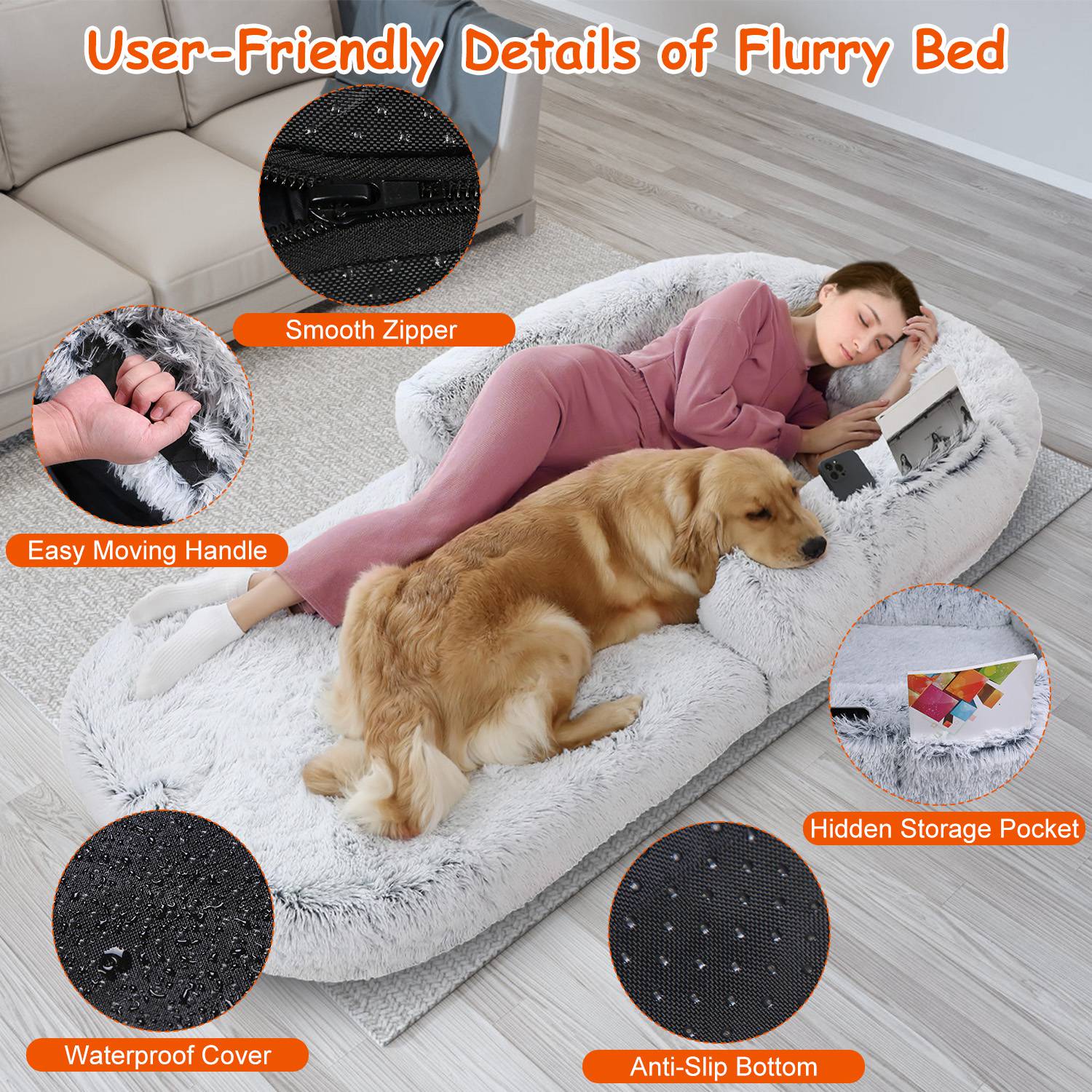 Large Foldable Human Size Dog Bed With Pillow Blanket Flurry Plush Napping Human-Sized Dog Bed Machine Washable Zipped Removable Cover For Pets Kids A