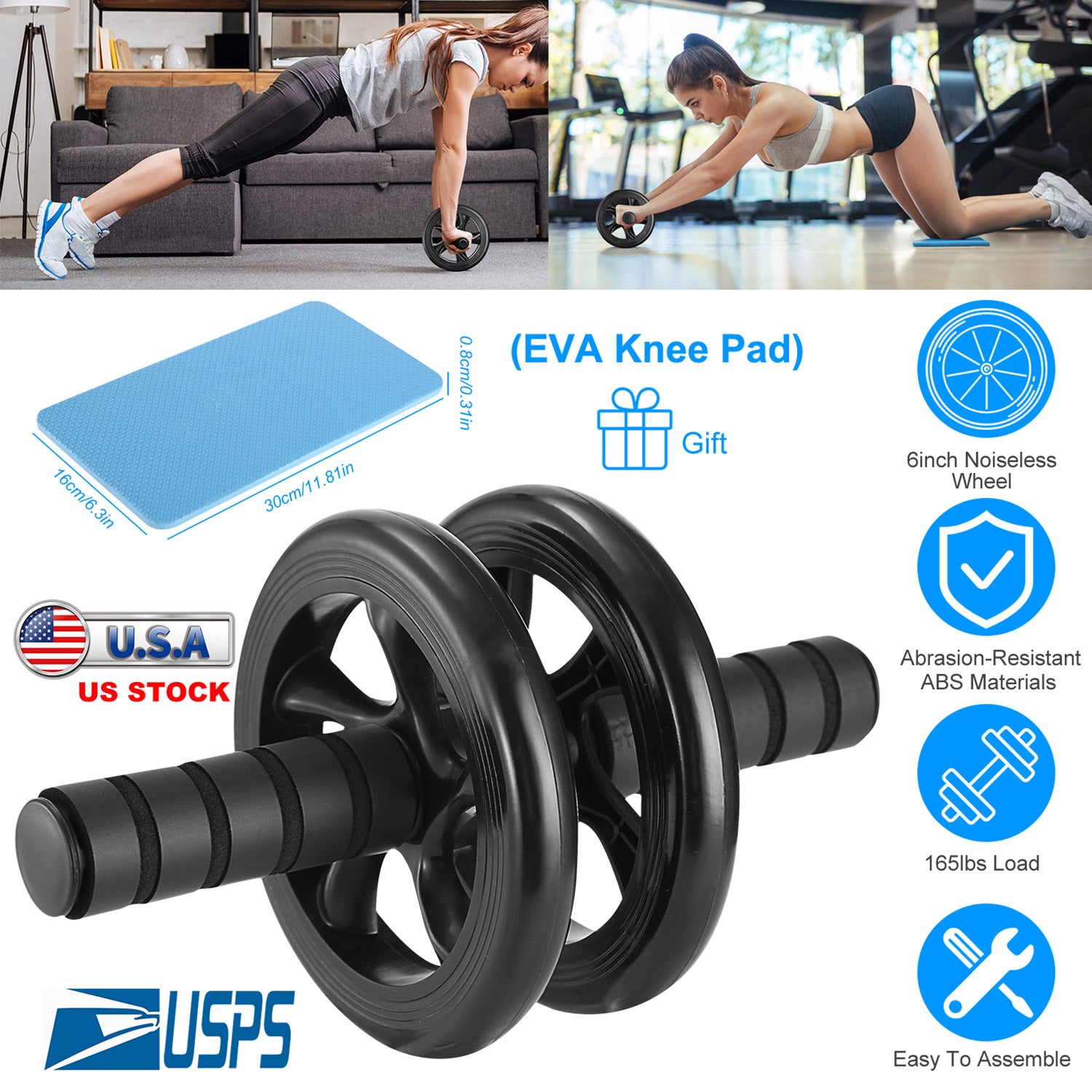 Ab Roller Wheel Fitness Exercise Wheel Roller w/ Knee Pad for Abs Workout Core Strength Exercise Home Gym 