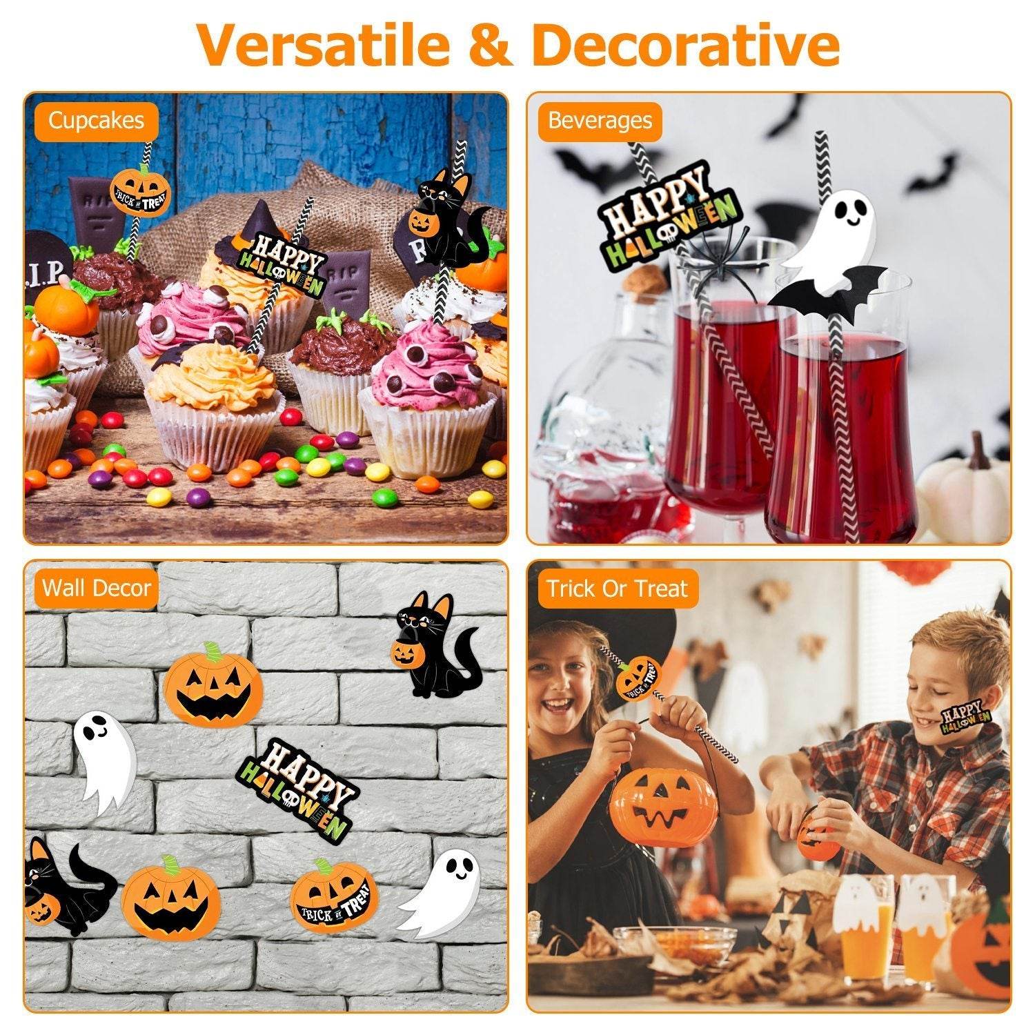 Set Of 25Pcs Halloween Party Striped Decorative Straws Disposable Drinking Straws Paper Straw Decor Happy Halloween Ghost Lantern Black Cat Halloween Party Supplies 