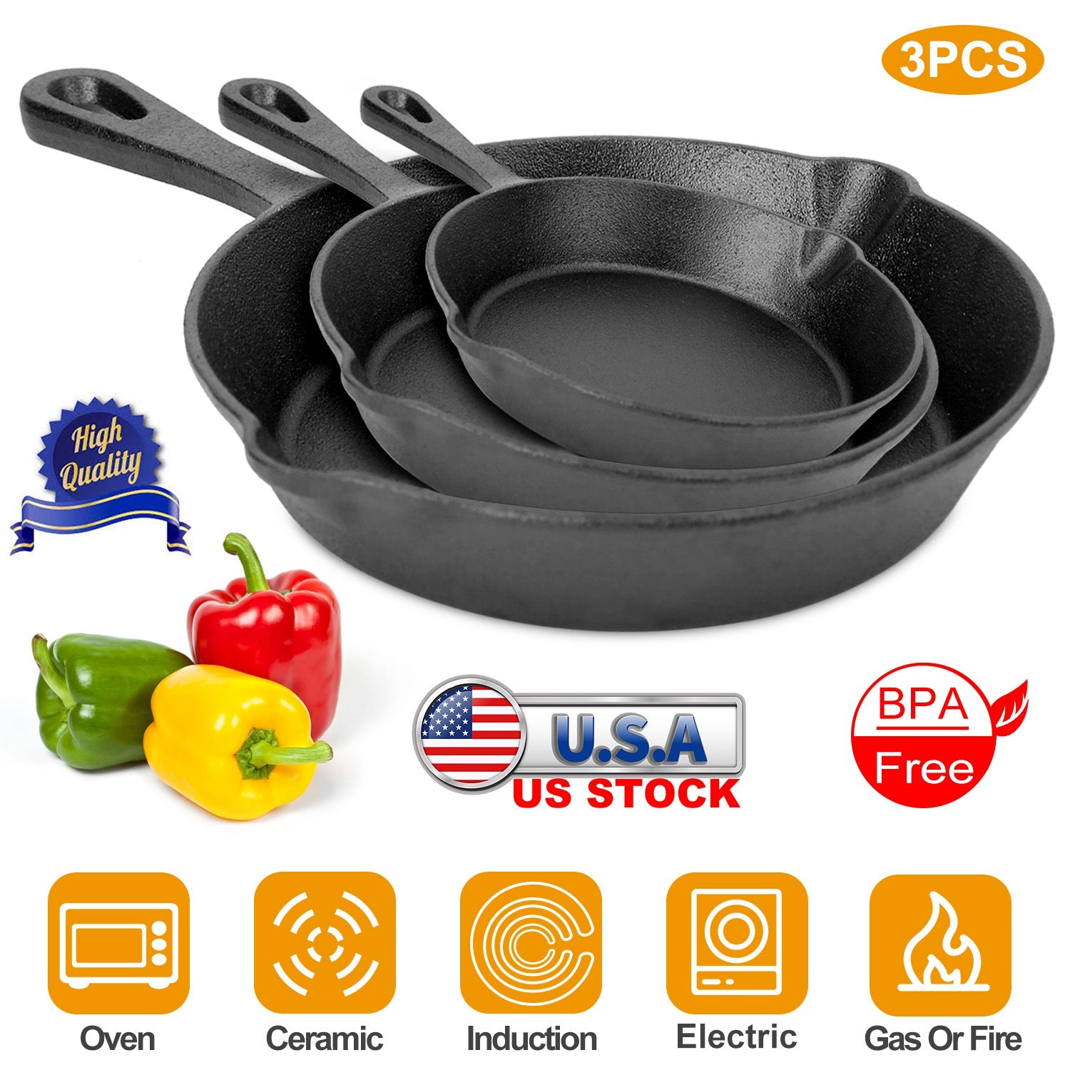 3Pcs Pre-Seasoned Cast Iron Skillet Set 6/8/10in Non-Stick Oven Safe Cookware Heat-Resistant Frying Pan 