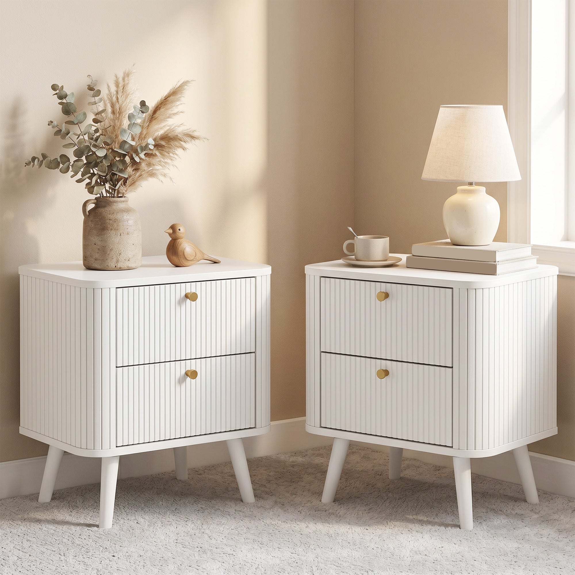 Modern Nightstand Set of 2 with 2 Drawers, White Wood Grain Bedside Tables with Gold Handles