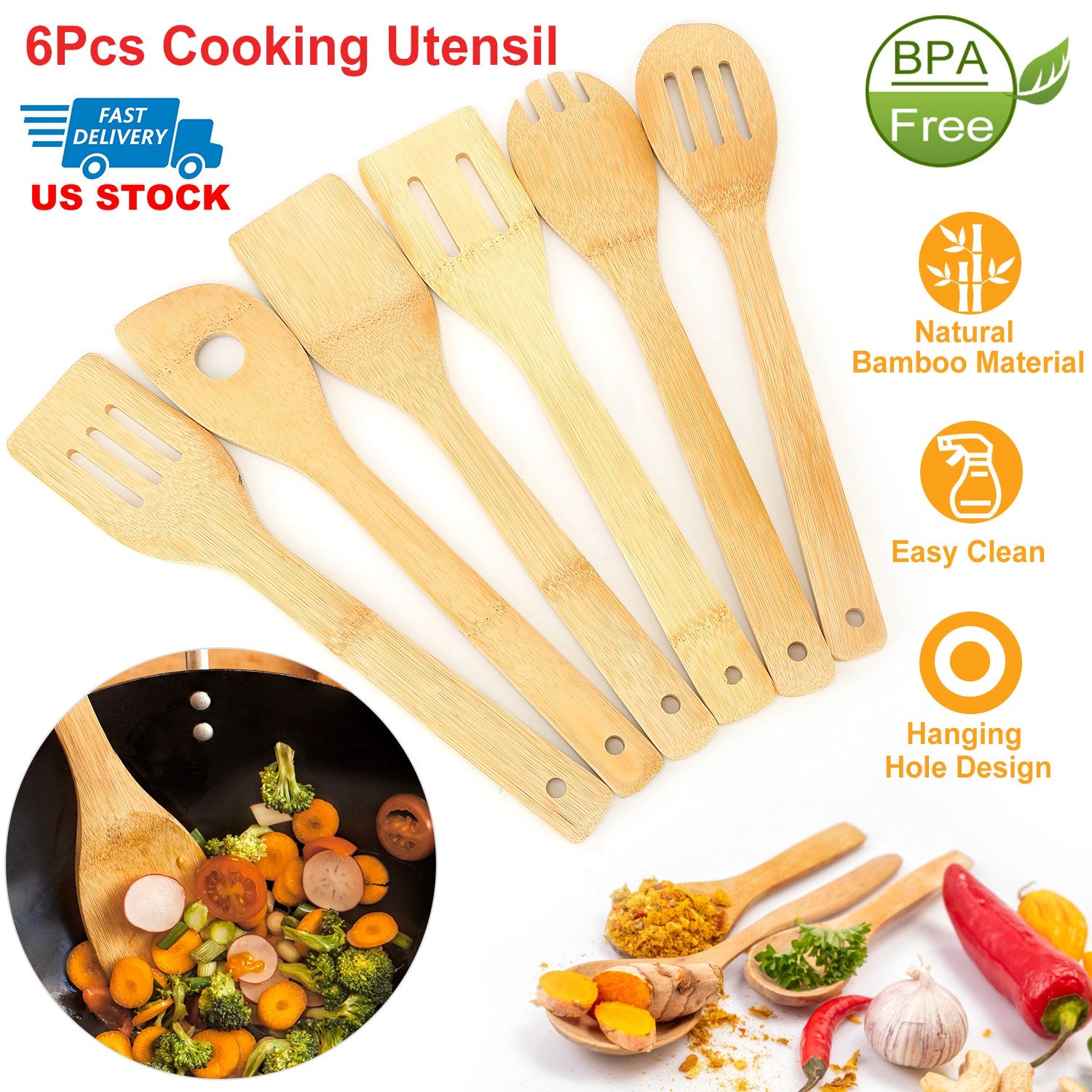 6Pcs Cooking Utensil Bamboo Wooden Spoons Spatula Kitchen Cooking Tools Nonstick Wooden Cookware Kitchen Gadgets 