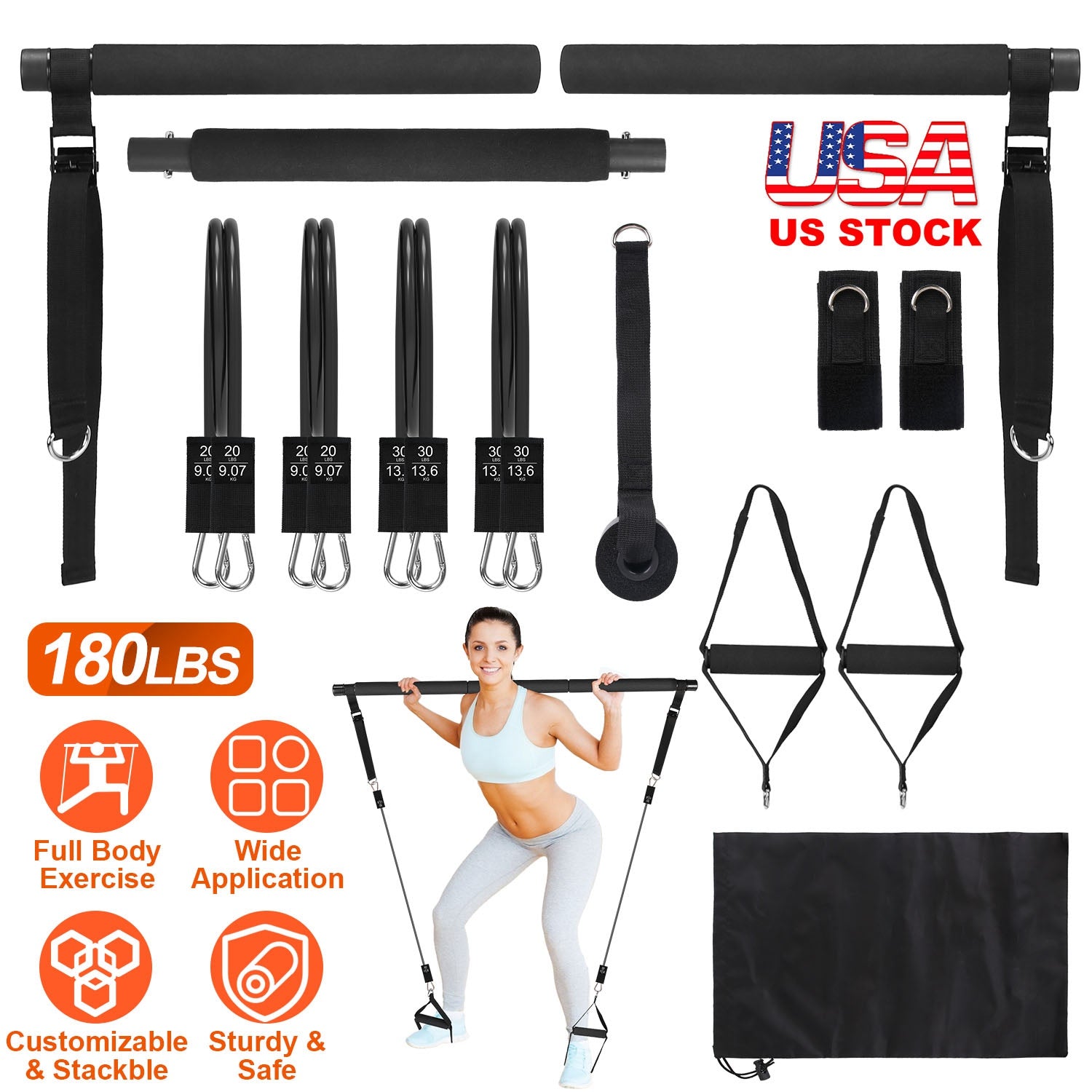 Pilates Bar Kit with 100LBS Resistance Bands Multifunctional Pilates Yoga Toning Bar Full Body Exercise Equipment Set for Beginners Intermediates Prof 