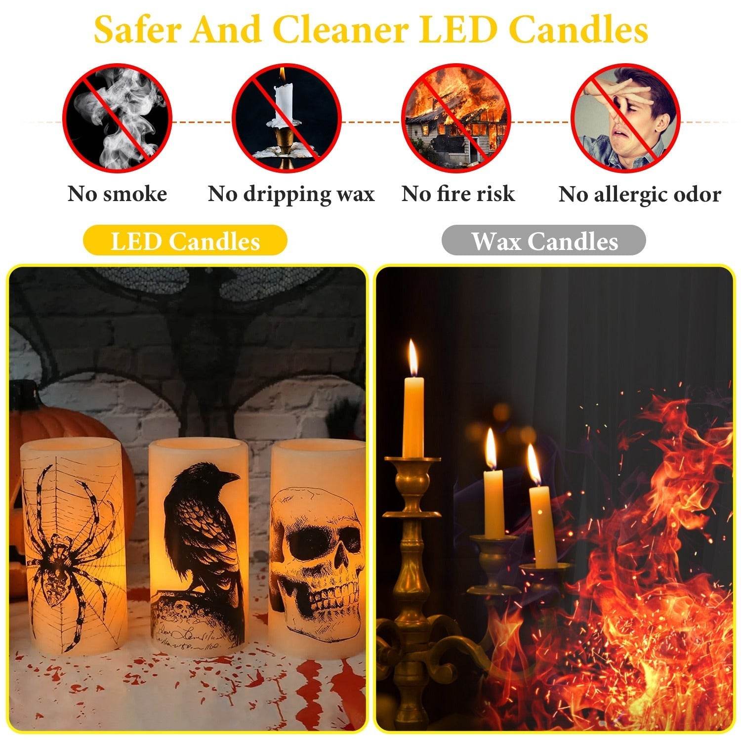 3 Pack Halloween Flameless Candle Lamp With Timer Setting Battery Operated Warm Orange Light Candles For Halloween Party Decoration 