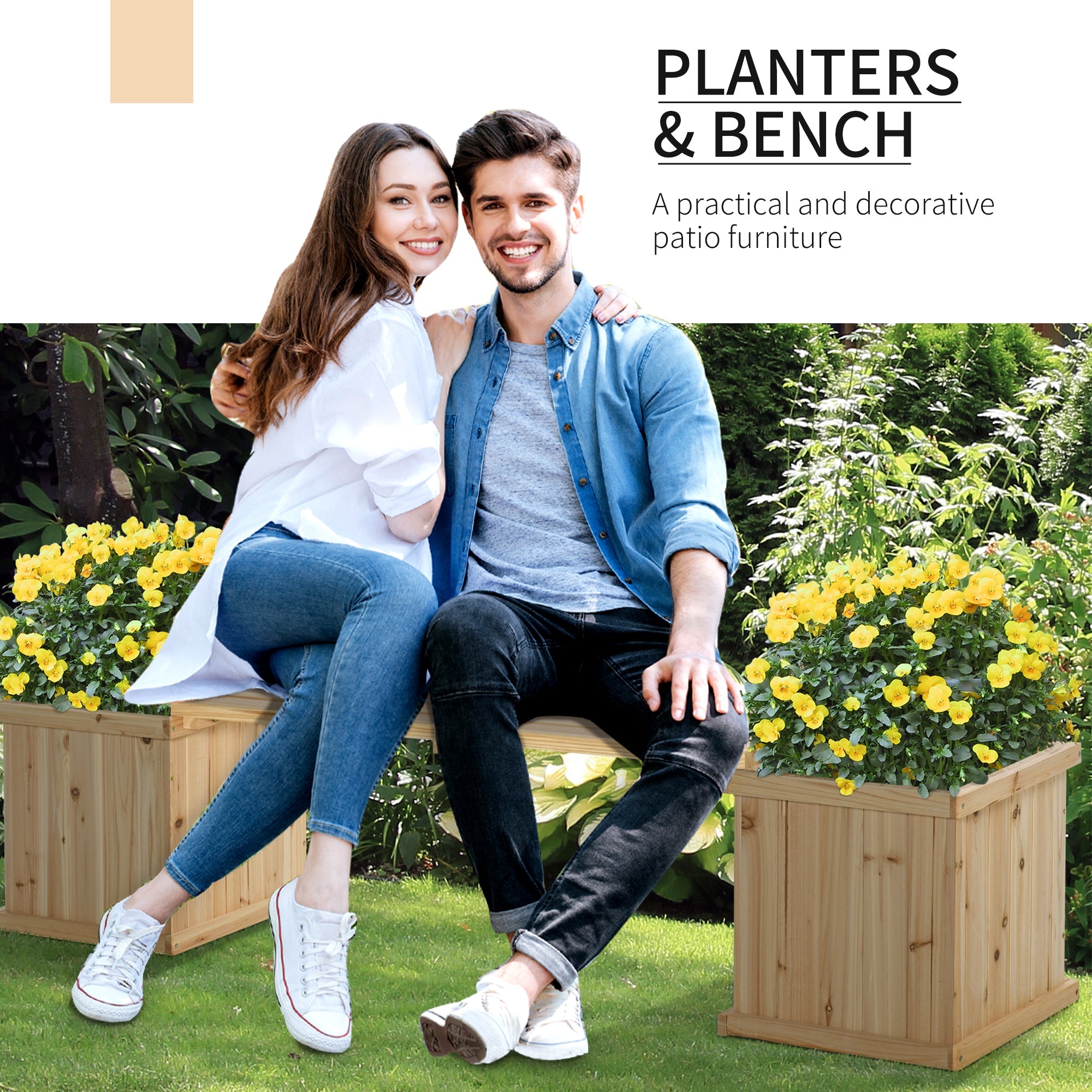 Outsunny Raised Garden Planter Bench 69.25"x15"x15.75" Wooden Planter & Bench Combination Natural 