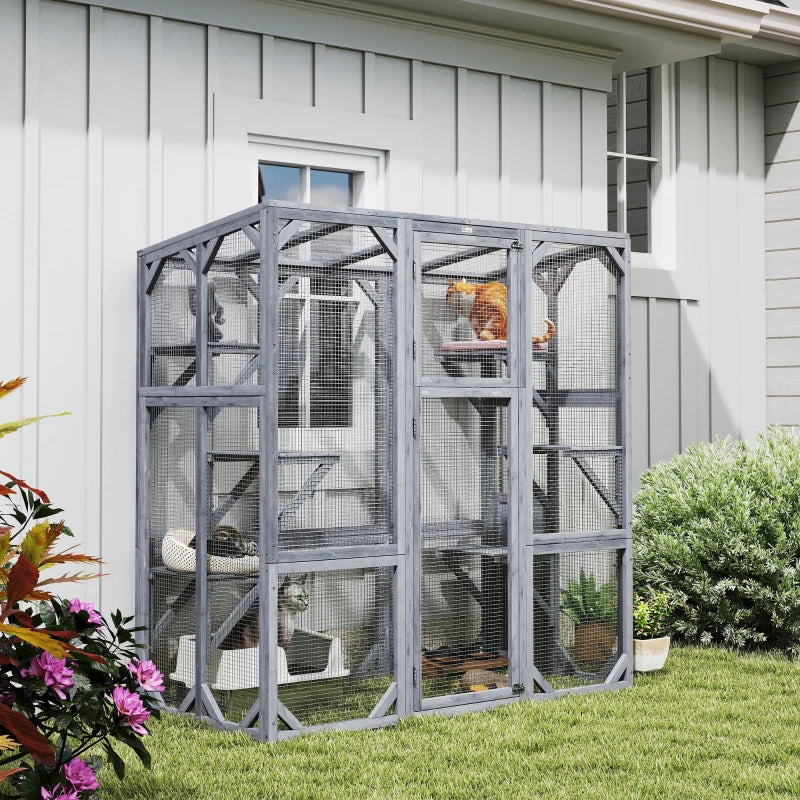 Outdoor Cat Enclosure with 6 Jumping Platforms, Weatherproof Roof, Large Front Door for 1-3 Cats, 59" x 28" x 60", Grey