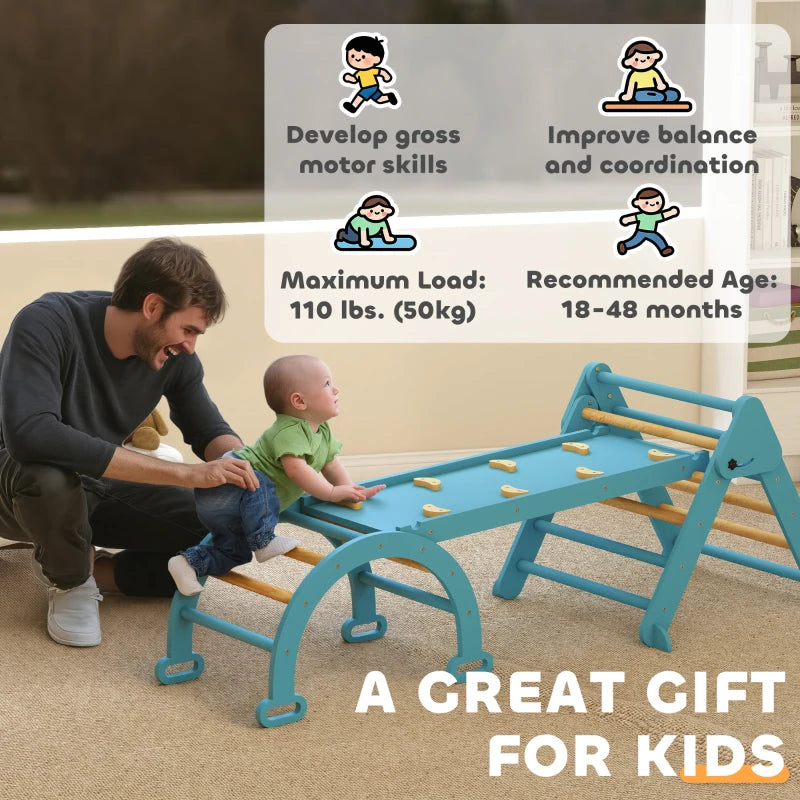 Qaba 7-in-1 Pikler Triangle Set, Foldable Wooden Climbing Toys with Arch, Ramp and Ladder for Toddlers 1-4 Years, Blue