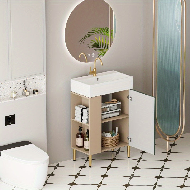 Contemporary Green Bathroom Vanity with Ceramic Sink & Soft-Closing Doors - Open Shelf Storage Cabinet on Left Side, 21.6" Wide, Assembly Required, Bathroom Decor And Accessories 