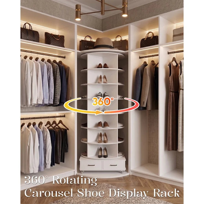 AECOJOY 8-Tier Rotating Shoe Rack with 2 Drawers & 4 Lockable Casters