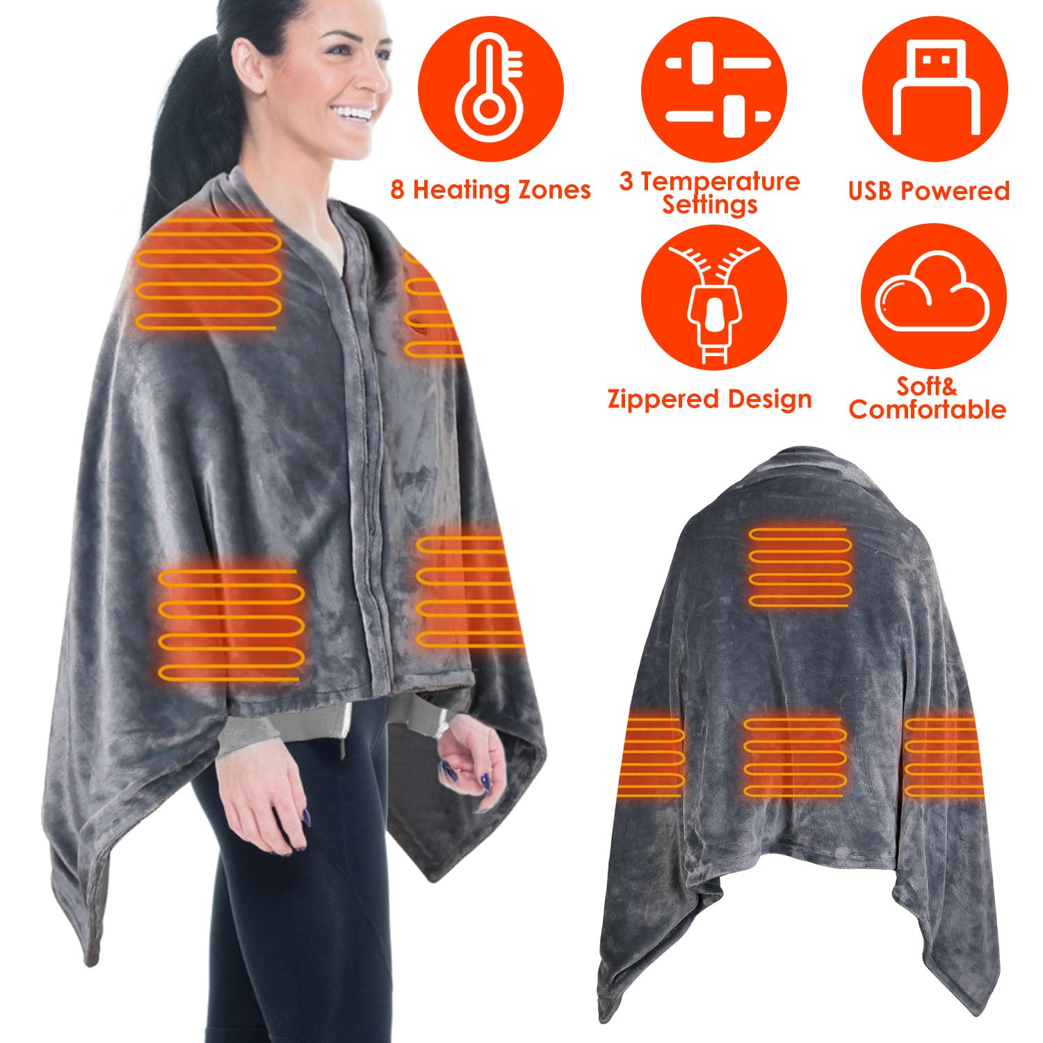 USB Heated Blanket Electric Heated Blanket Heated Poncho Shawl Wrap Throw with Zipper Washable for Home Office 59*31in